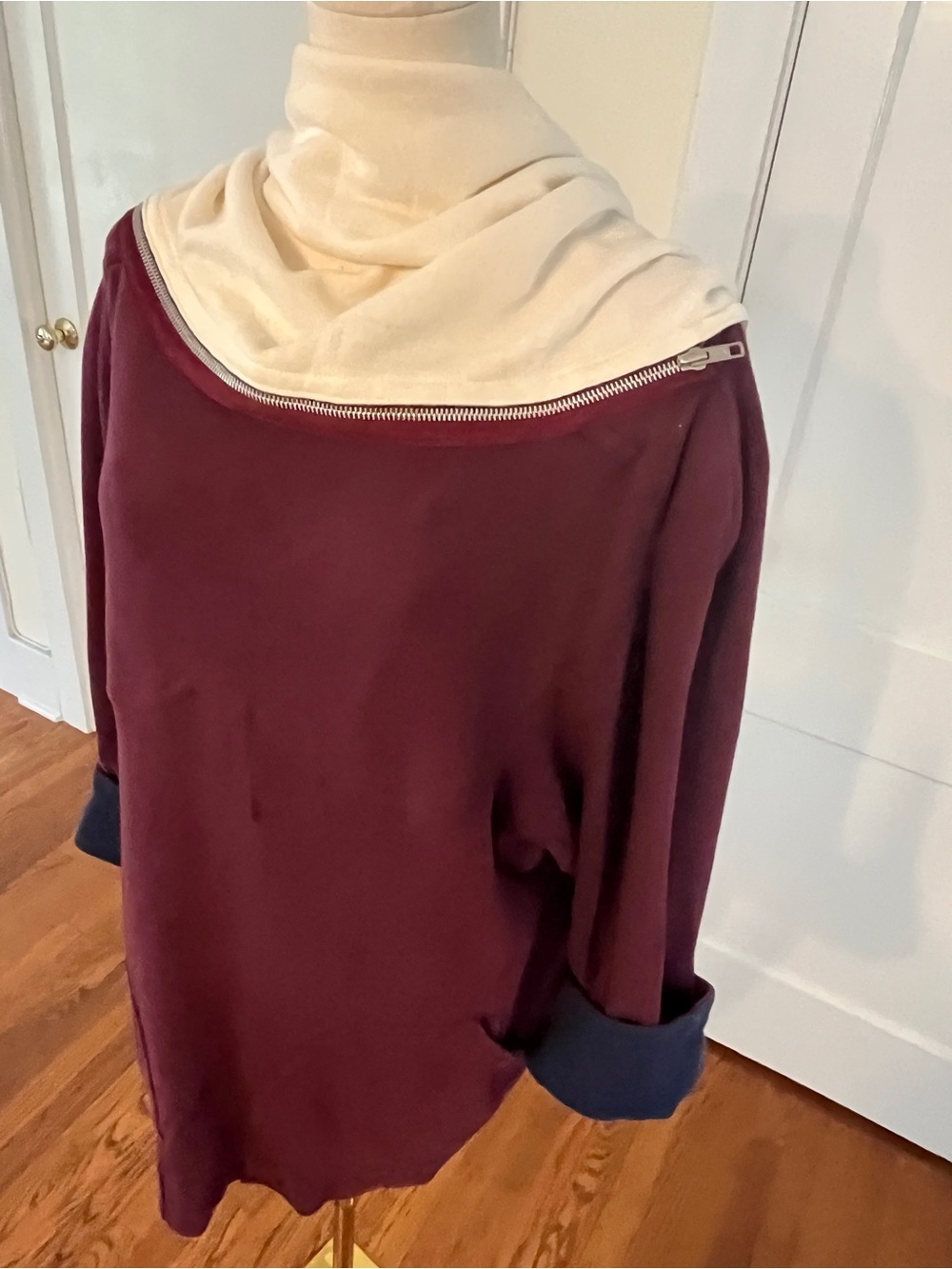 THIERRY MUGLER Runway Drama—Burgundy sweater & Ivory Scarf
